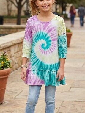 Justice Girls Tie Dye Dress Size S 7/8 Long Sleeve Crochet Lace Skater